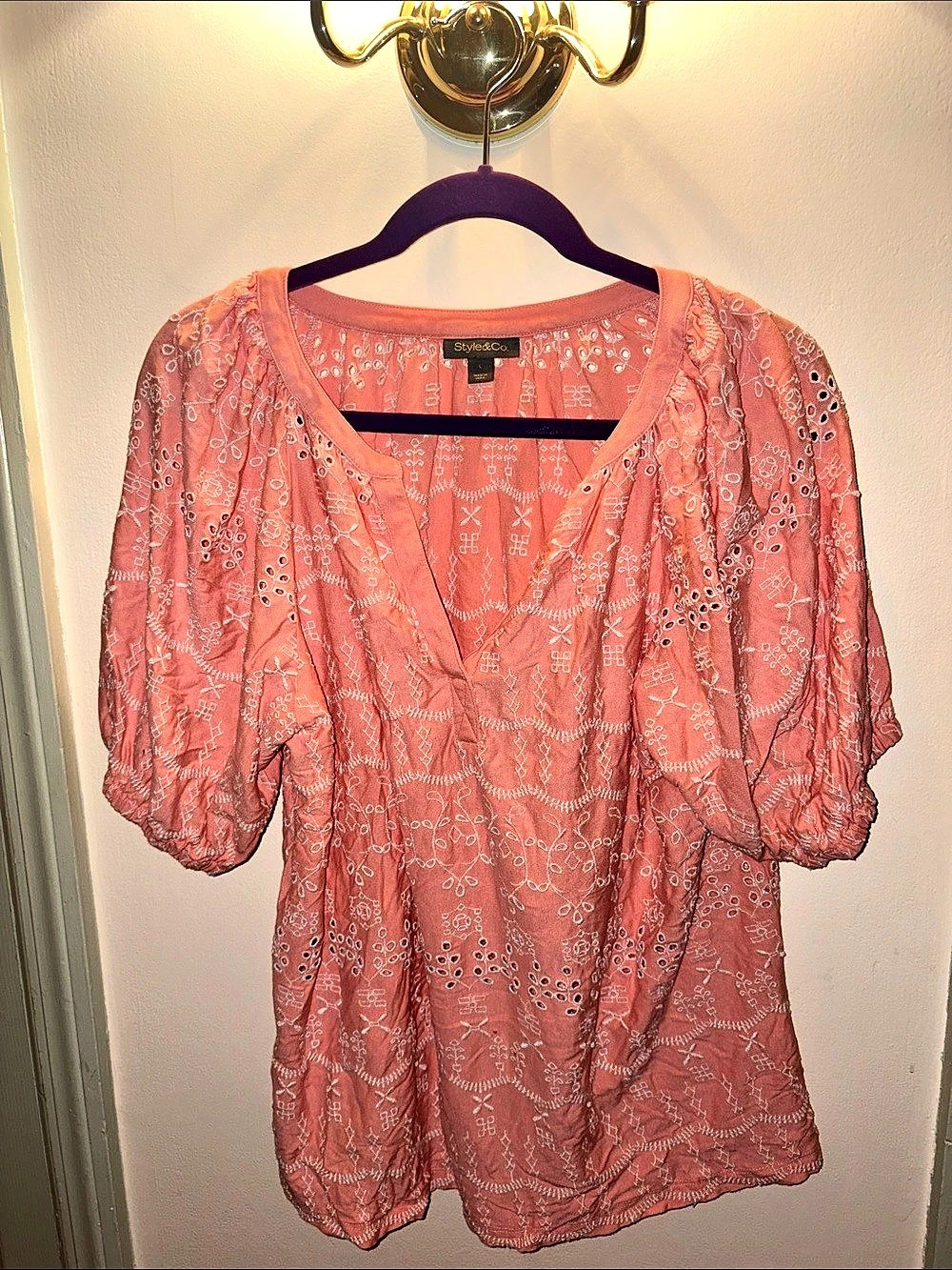 Style&Co. Eyelet Embroidered Blouse in Pink Size Large